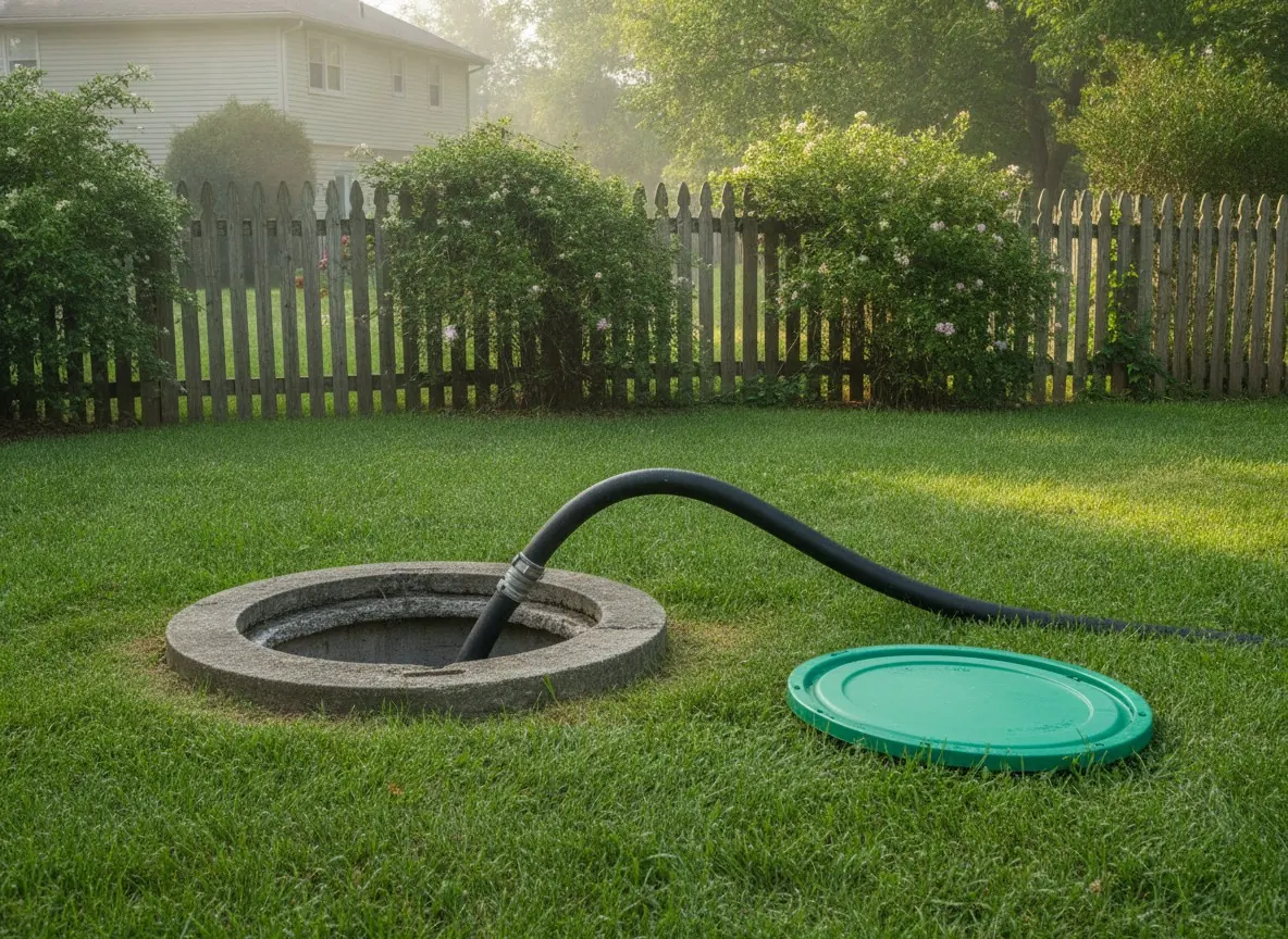 Technician cleaning out a residential septic tank with a vacuum hose