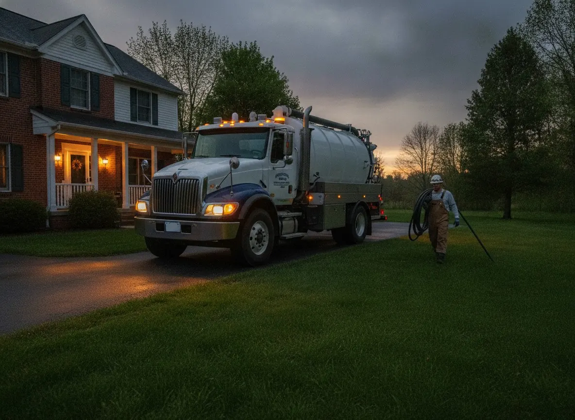 Septic truck arriving at a home at dusk for an emergency pump-out