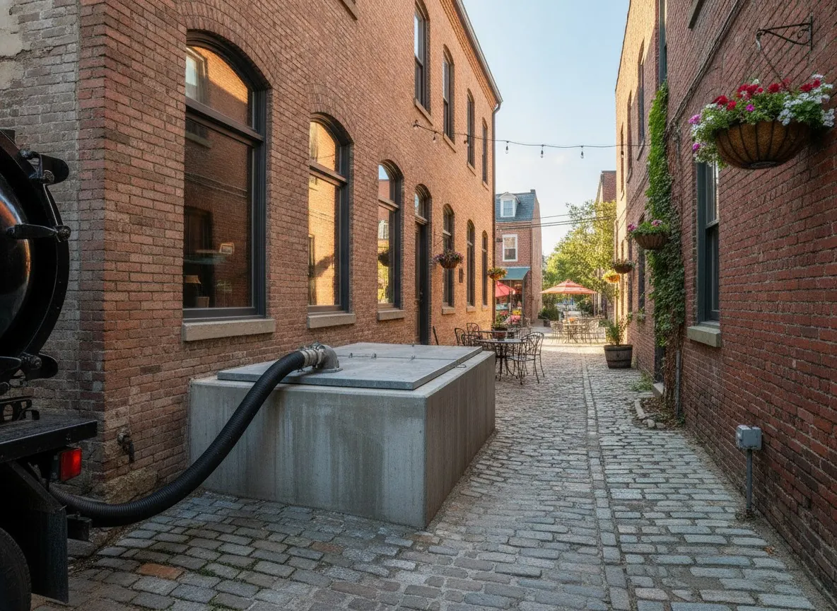Grease trap being pumped behind a restaurant kitchen