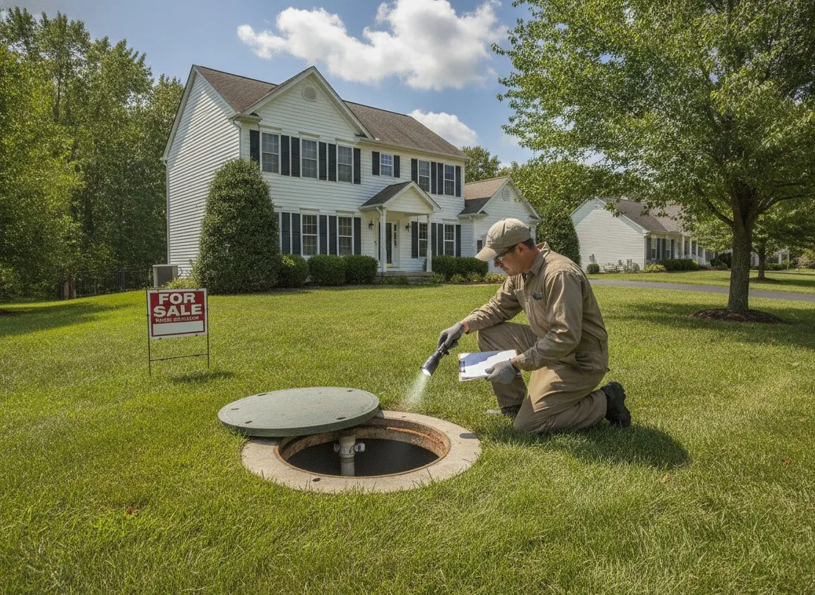Inspector checking an open septic tank with a flashlight and clipboard