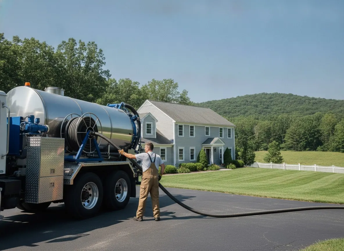 Vacuum hose running from a pump truck to an open septic tank in a lawn